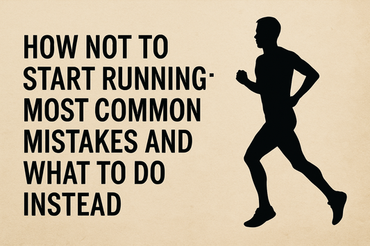 Text saying "How not to start running: Most common mistakes and what to do instead" with silhouette of a running man.