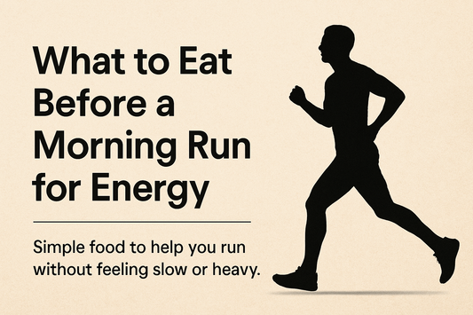 Silhouette of a runner in motion on the right with bold black text on the left reading “What to Eat Before a Morning Run for Energy,” set on a warm beige textured background.