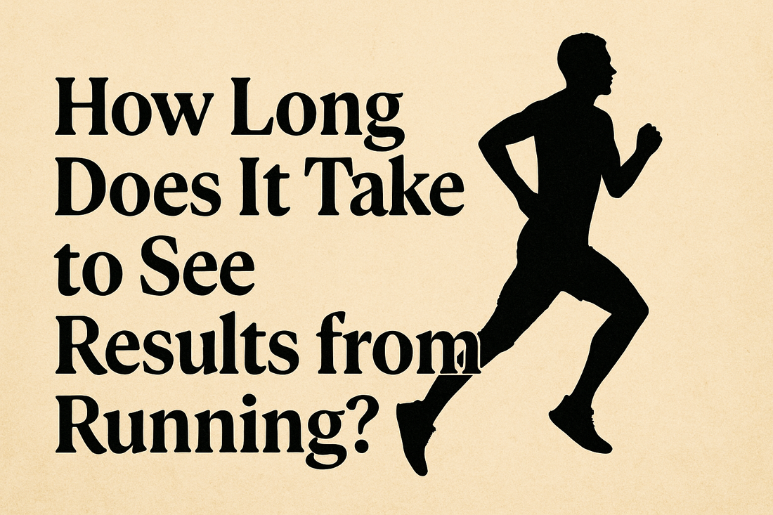 Silhouette of a male runner on the right and bold black text on the left asking “How Long Does It Take to See Results from Running?” on a beige textured background.