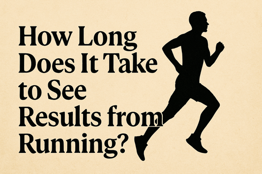 Silhouette of a male runner on the right and bold black text on the left asking “How Long Does It Take to See Results from Running?” on a beige textured background.