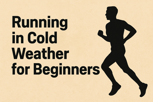 Silhouette of a runner in motion on the right with bold black text on the left reading “Running in Cold Weather for Beginners,” set on a beige textured background.