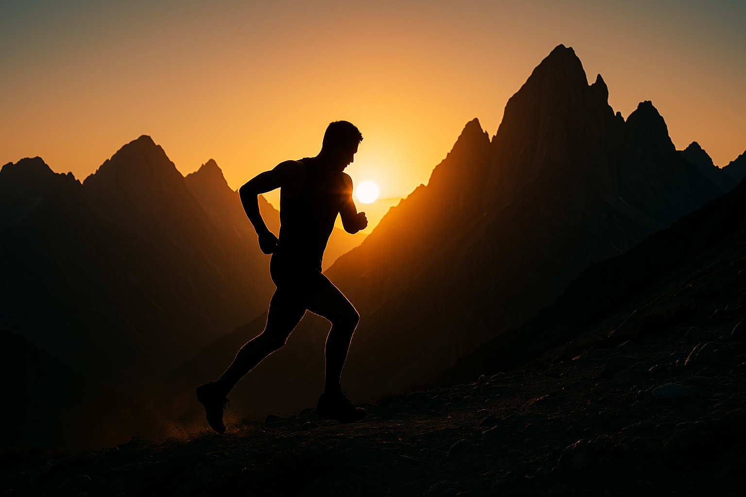Runner in the mountains at sunrise.

