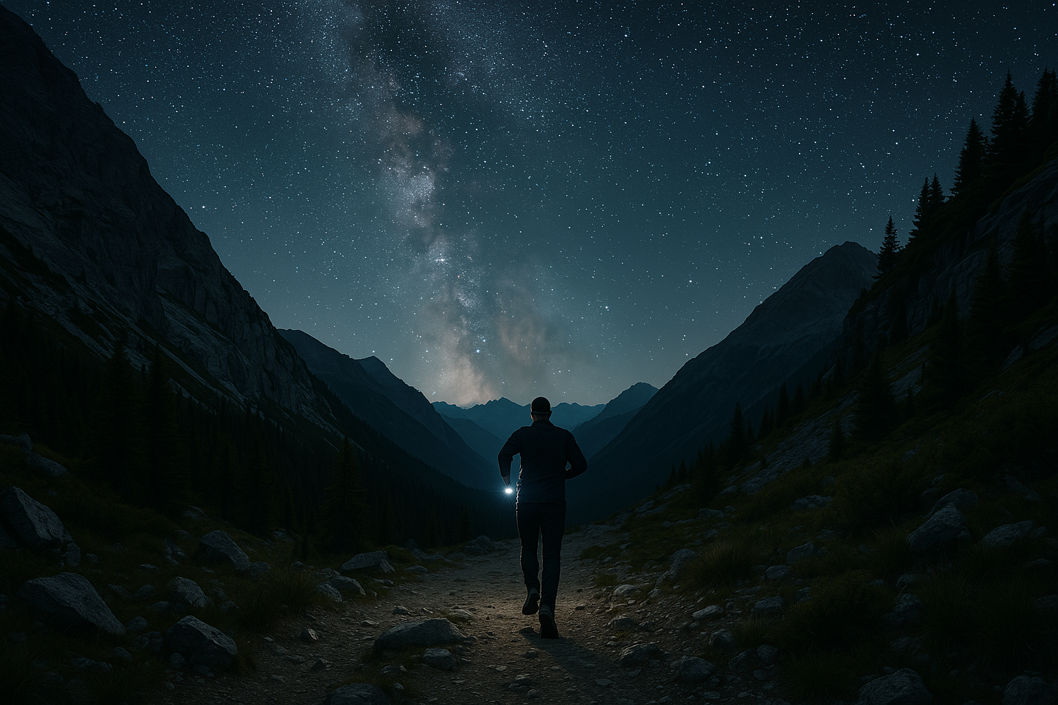 Person standing in a mountain valley at night, gazing at the starry sky and the Milky Way.
